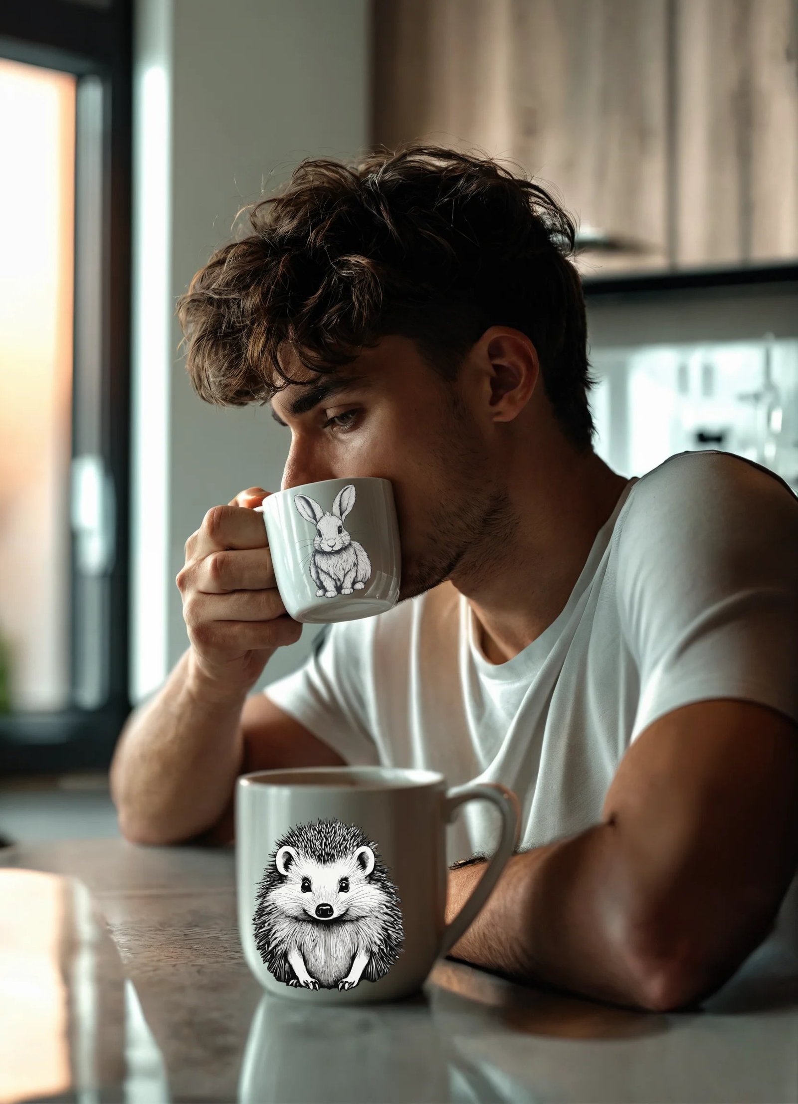 Young man drinking from mug with bunny image